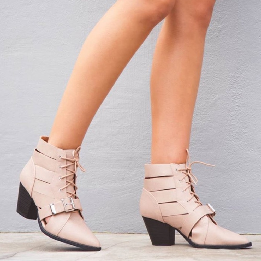 Nude Lace Up Pointed Toe Booties